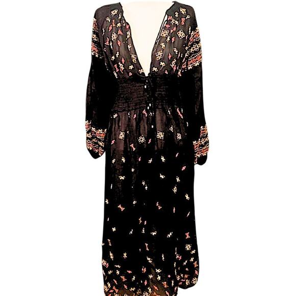 Free People NWT Mykonos Embroidered Open Front Duster Dress Black Women's Large - Picture 6 of 12